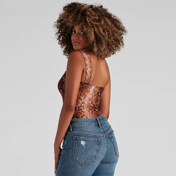 WINDSOR Disco Style One Shoulder Bodysuit Cutout Side in Rust Snake Color Size S - Picture 4 of 16